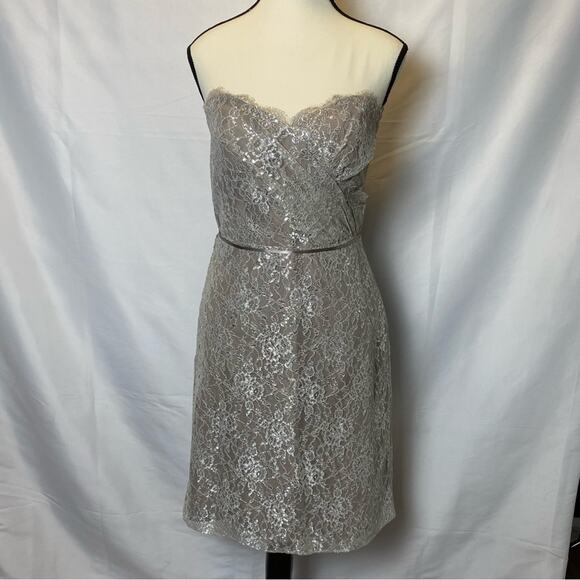 Alvina Valenta Maids Beige Silver Lace Overlay Strapless Dress Size 10 Womens - Picture 1 of 11